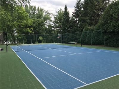 Outdoor residential sports court with a blue and green surface, featuring a tennis net and surrounded by trees and greenery in Fridley.