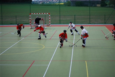 Outdoor multi-sport court with a green playing surface, red border, and multiple colorful lines for multiple sports in Cedar Lake.