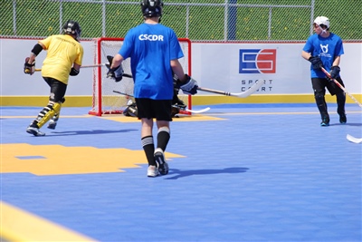 Outdoor rink with a blue and yellow court. 