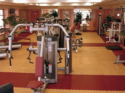 Indoor exercise room with wooden flooring and red accent flooring with multiple workout equipment.