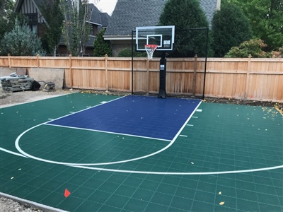 A 25x25 ft residential basketball court with a green and blue surface, surrounded by a green lawn, and a basketball hoop.