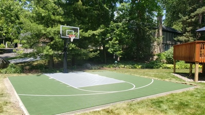 A small basketball court with a green and grey surface and white lines.