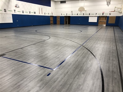  An indoor basketball court with a grey wood-like surface, black and blue lines, and blue walls, featuring multiple basketball hoops in St. Louis Park.