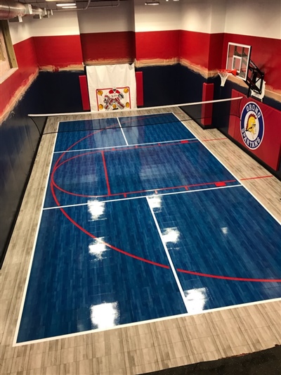 A small indoor basketball court with a blue surface, red lines, and light wood borders in Lakeville.