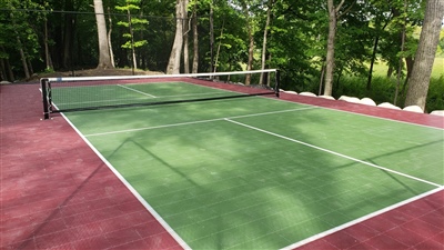 Outdoor residential sports court with a green surface, a red border, and a tennis net, surrounded by trees and greenery.